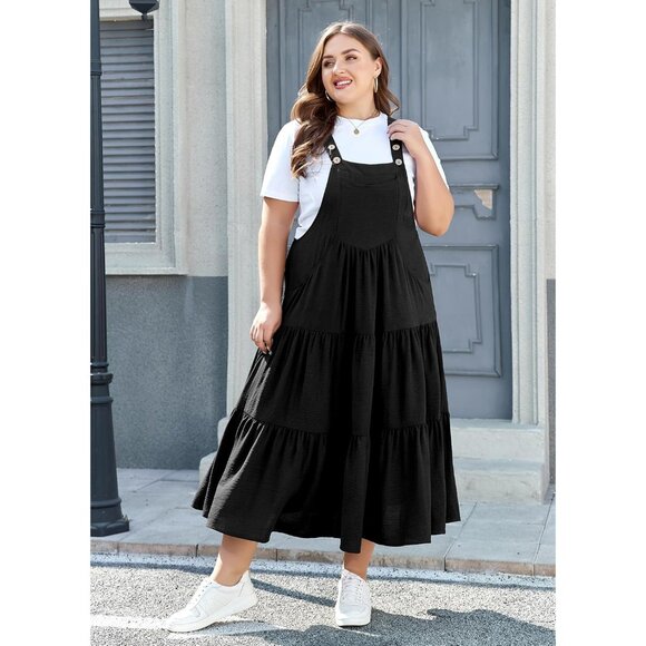 Black Tiered Maxi Dress for Plus Size Women with Pockets & Suspender Straps - Picture 3 of 5